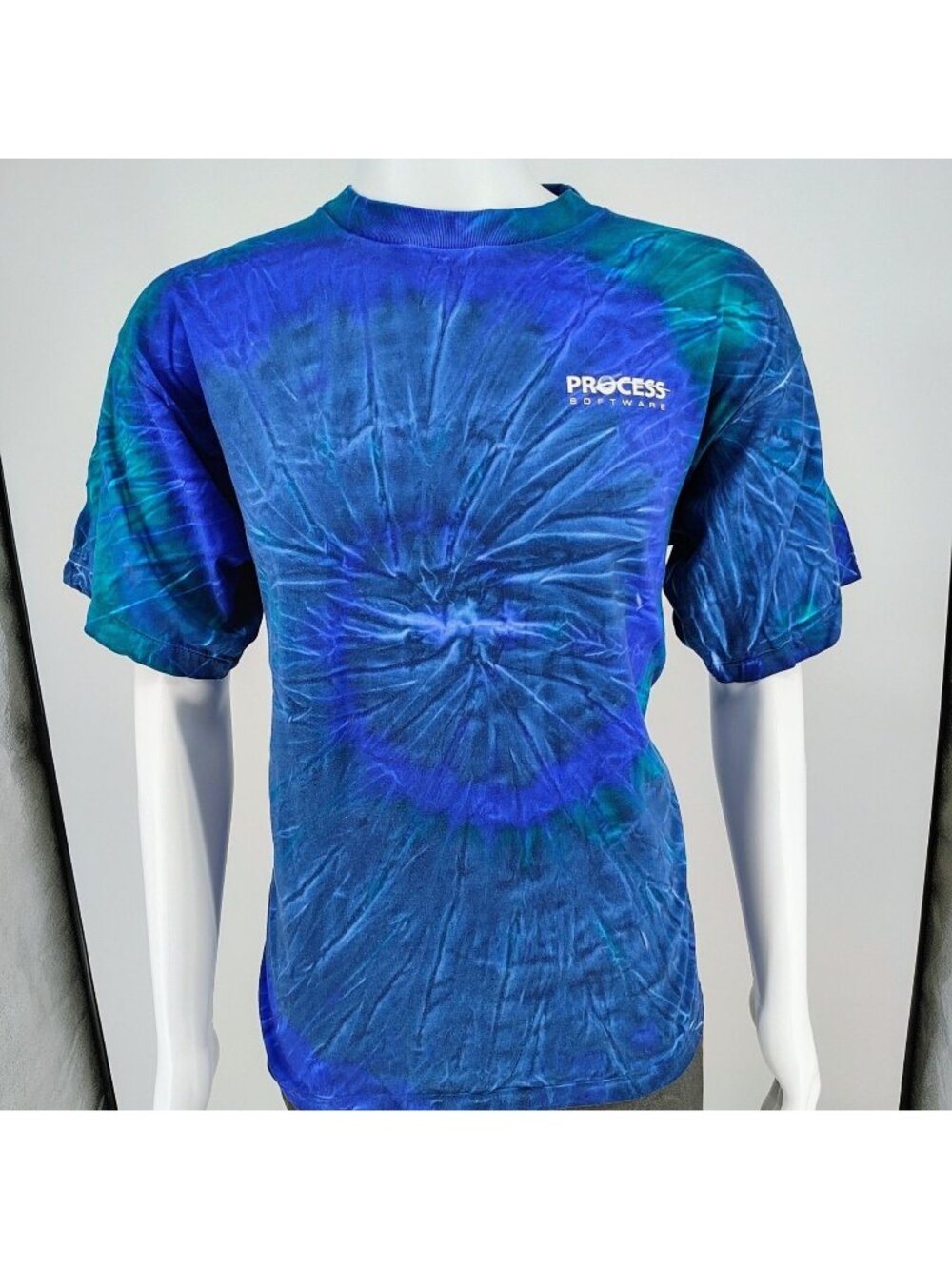 Vintage 1990s Single Stitch Process Software Blue & Green Tie-Dye T-Shirt  (L)